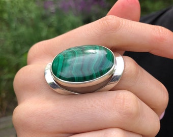 Malachite Ring, Natural Malachite, Statement Ring, Large Stone Ring, Green Ring, Bohemian Ring, Massive Ring, Unique Ring, Solid Silver Ring