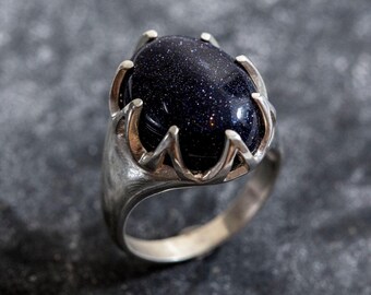 Blue Sandstone Ring, Blue Statement Ring, Galaxy Ring, Large Oval Ring, Blue Vintage Ring, Artistic Silver Ring, Silver Ring, Rare by Adina