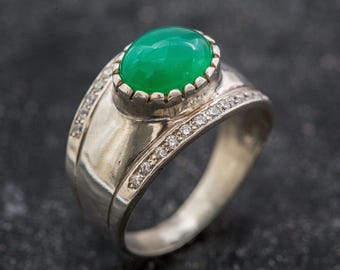 Chrysoprase Ring, Natural Chrysoprase, Green Vintage Band, Statement Chrysoprase Ring, Wide Silver Band, Silver Ring, Rare by Adina