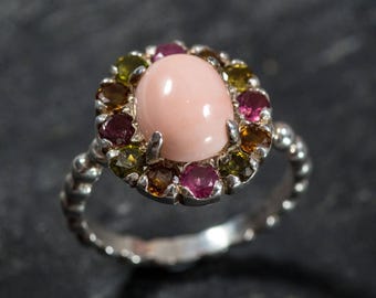 Anillo de coral natural, piedra de nacimiento de marzo, anillo de flor de coral, anillo de turmalina auténtica, anillo multipiedra, anillo con piedra de nacimiento para madres, raro de Adina
