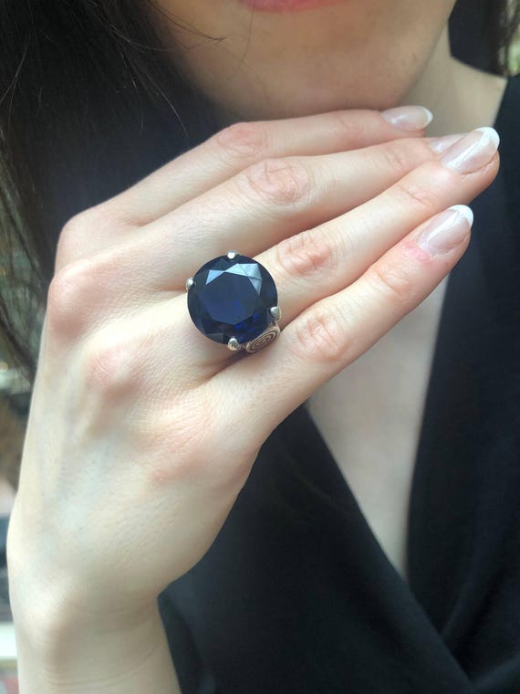Blue Sapphire Ring, Sapphire Ring, Created Sapphire, Blue Round Ring, Round Statement Ring, Blue Diamond Ring, Vintage Ring, 925 Silver Ring