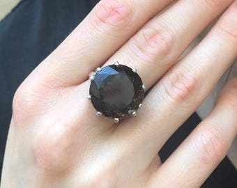 Anillo de topacio ahumado, topacio ahumado natural, anillo de diciembre, anillo redondo de plata, anillo de topacio, anillo vintage marrón, anillo llamativo, anillo de plata maciza