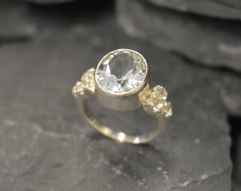 Large Topaz Ring, Natural Topaz, White Topaz Ring, Victorian Ring, December Birthstone, Vintage Ring, White Diamond Ring, Solid Silver Ring
