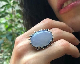 Chalcedony Ring, Natural Blue Chalcedony, Statement Ring, Vintage Ring, Lilac Ring, Rough Ring Design,Large Oval Ring, Solid Silver Ring