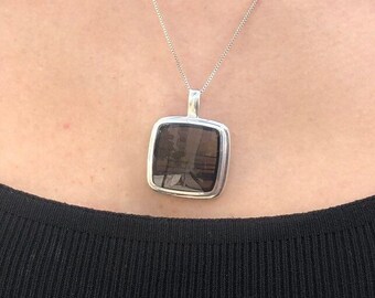 Obsidian Pendant, Natural Obsidian Necklace, Silver Statement Pendant, Large Square Pendant, Silver Vintage Necklace, Rare by Adina