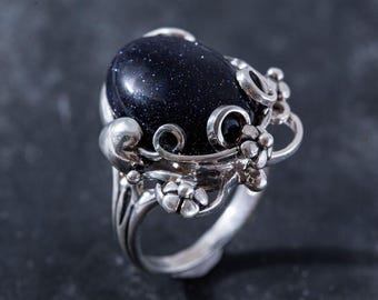 Dark Flower Ring, Blue Sandstone, Large Ring, Statement Ring, Vintage Ring, Blue Ring, Sagittarius Ring, Solid Silver Ring, Blue Sand Stone