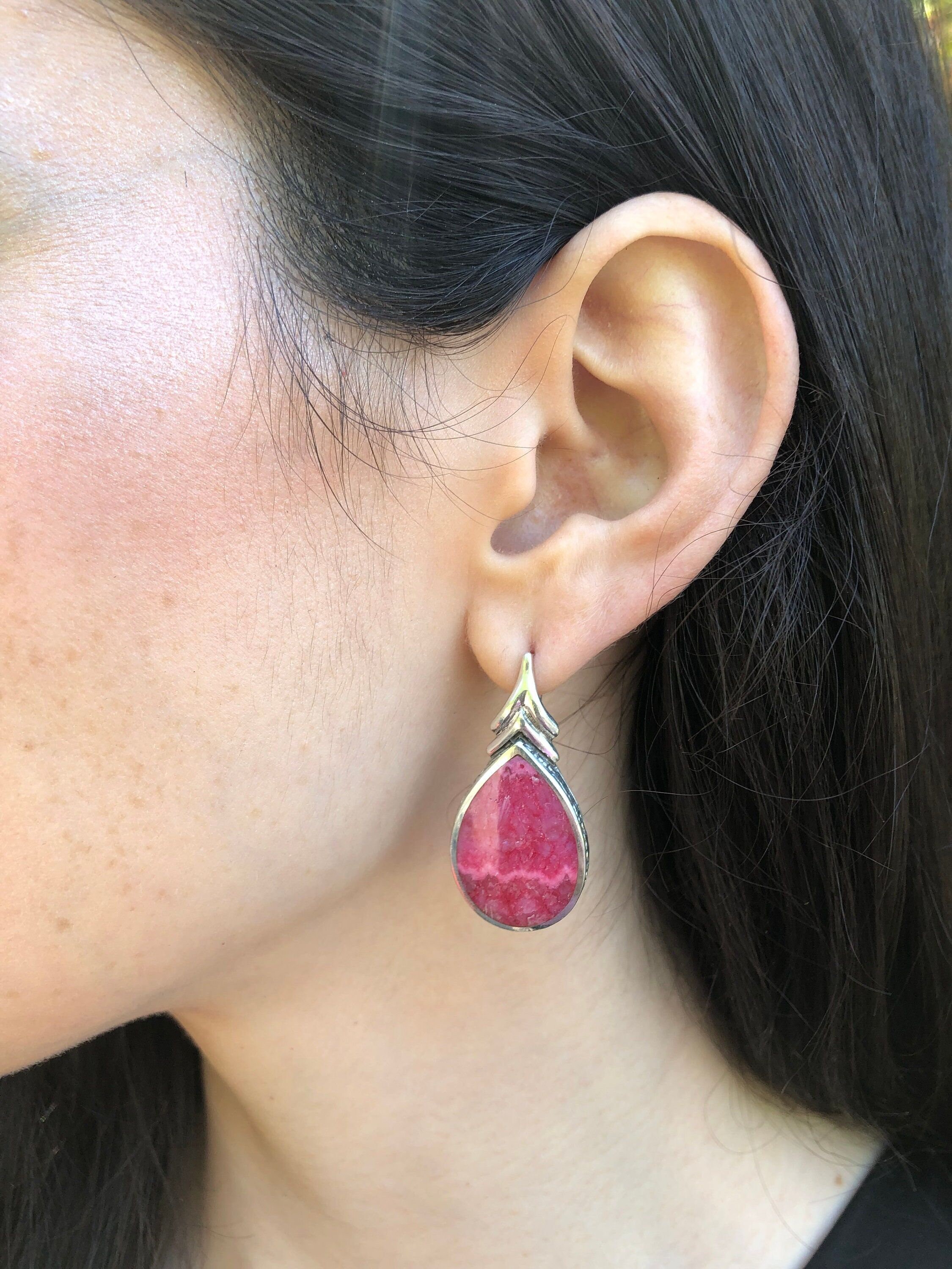 Rhodochrosite Earrings, Raspberry Pink Earrings, Vintage Earrings, Teardrop Earrings, Leaf Earrings, Long Earrings, Solid Silver Earrings