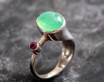 Chrysoprase Ring, Natural Chrysoprase, Artistic Ring, Large Chrysoprase, Vintage Rings, Ruby Ring, Vintage Silver Ring, Rare By Adina