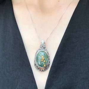 Ciondolo antico, Ciondolo di diaspro oceanico, Ciondolo grande, Ciondolo di dichiarazione, Ciondolo di diaspro, Ciondolo di pietra preziosa unico, Ciondolo in argento massiccio immagine 2