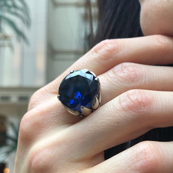 Large Sapphire Ring, Created Sapphire, Statement Blue Ring, Blue Diamond Ring, Statement Ring, Vintage Ring, Unique Ring, Solid Silver Ring