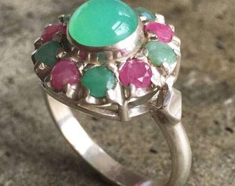 Emerald Ring, Natural Emerald, Ruby Ring, Chrysoprase Ring, Birthstones Ring, Vintage Rings, Chrysoprase, Solid Silver Ring, Victorian Ring