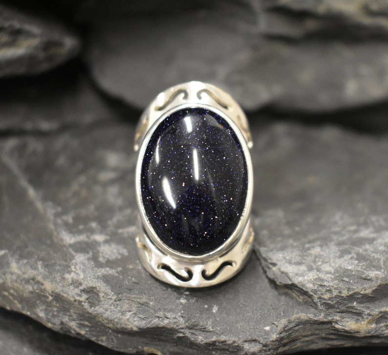 Blue Sandstone Ring, Natural Sandstone, Night Sky Ring, Artistic Ring, Large Sandstone Ring, Black Ring, Sparkly Ring, Solid Silver Ring image 7