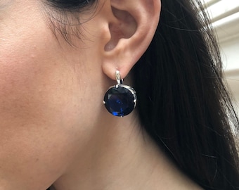 Sapphire Earrings, Created Sapphire, Round Blue Earrings, Blue Vintage Earrings, Royal Blue Earrings, Blue Diamond Earrings, Silver Earrings