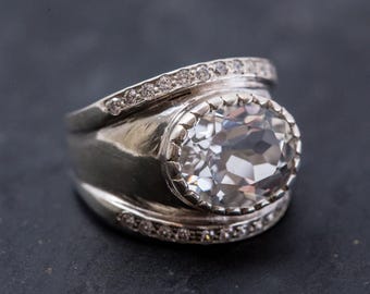 Anillo de topacio blanco, topacio natural, anillo de topacio ovalado, anillo de banda ancha, anillo de topacio de plata, anillo de topacio vintage, anillo llamativo, pieza rara de Adina