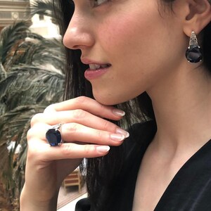 Blue Sapphire Ring, Sapphire Ring, Created Sapphire, Blue Round Ring, Round Statement Ring, Blue Diamond Ring, Vintage Ring, 925 Silver Ring image 7