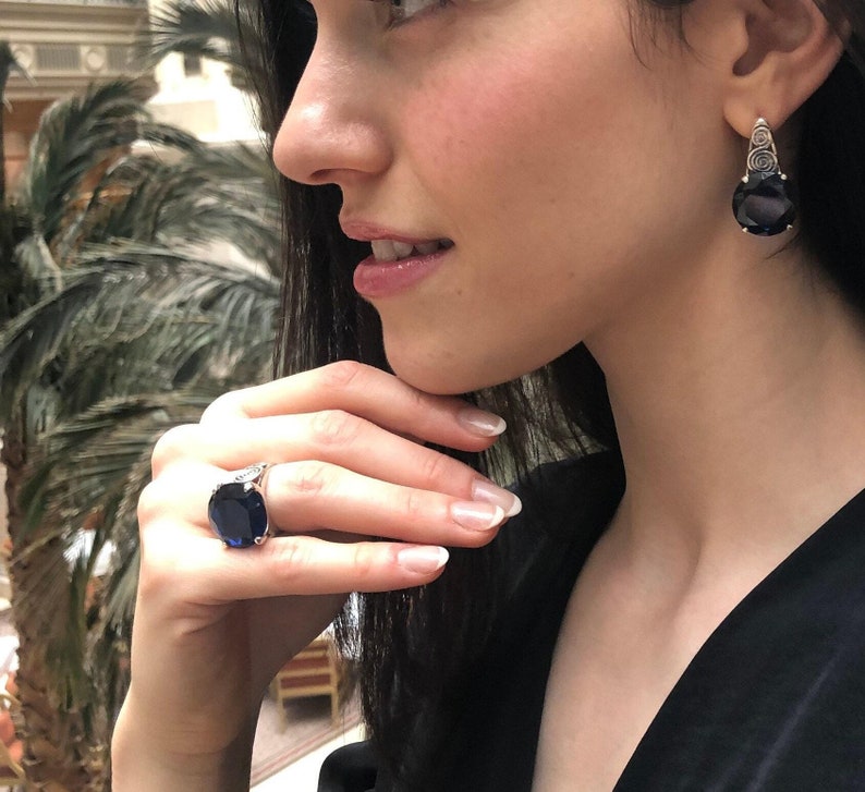 Blue Sapphire Ring, Sapphire Ring, Created Sapphire, Blue Round Ring, Round Statement Ring, Blue Diamond Ring, Vintage Ring, 925 Silver Ring image 7