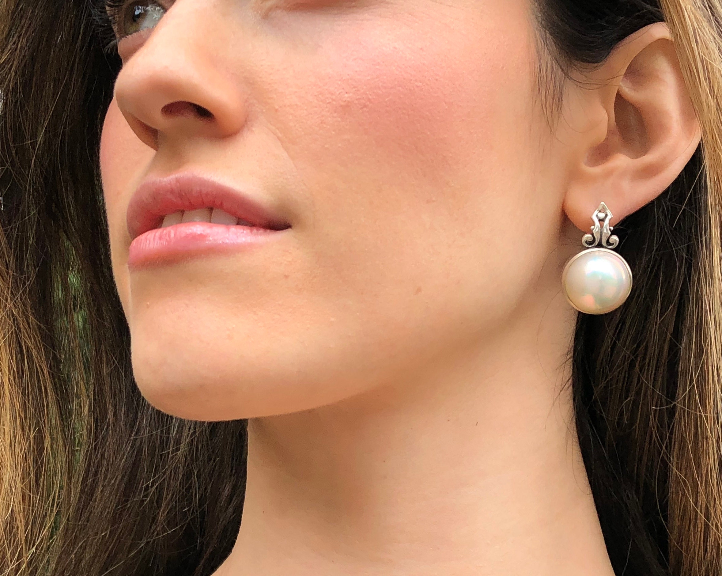 Mabe Pearl Earrings, Natural Pearl, Large Pearl Studs, June Birthstone