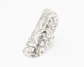 Anillo largo de plata, anillo de escudo, anillo de armadura, anillo de plata maciza, anillo llamativo, anillo vintage, anillo bohemio, anillo de adorno, anillo de plata esterlina