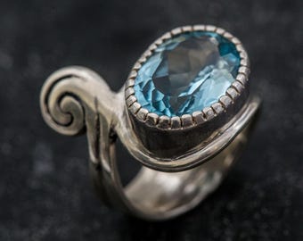 Anillo de topacio grande, anillo de topacio natural, anillo con piedra natal de diciembre, anillo de espiral grande, anillo vintage, anillo de plata, anillo de espiral azul, piedra Adina