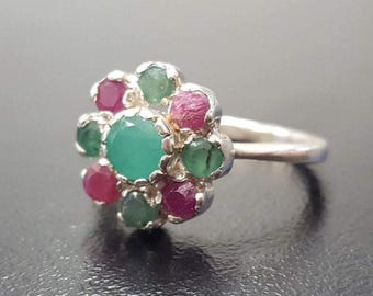 天然ルビー エメラルド フラワーリング s925 指輪 ルビーフラワーリング、人工ルビー、デイジーエメラルドリング、可憐な