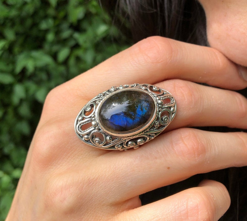 Long Ring Sterling Silver Ring Statement Ring Large Gemstone Ring Long Boho Ring Vintage Ring Labradorite Ring Natural Labradorite