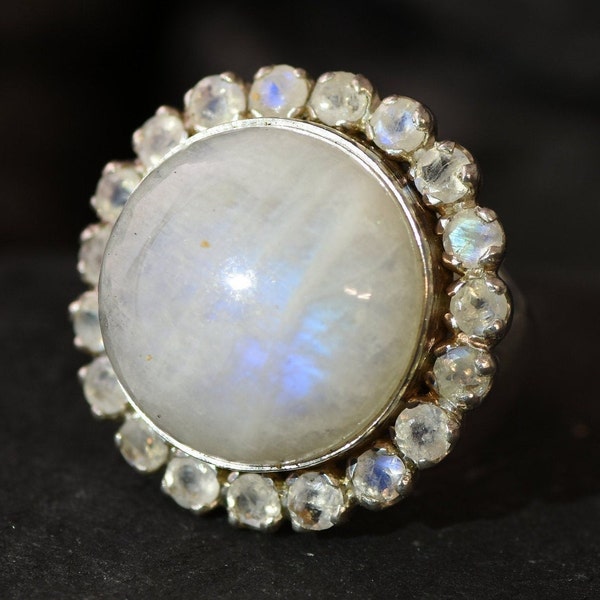 Large Moonstone Ring, White Statement Ring, Natural Rainbow Moonstone, Vintage Ring, Large Round Ring, June Birthstone, Solid Silver Ring