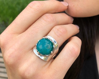 Chrysokoll-Ring, natürlicher Chrysokoll, Schütze-Geburtsstein, runder Ring, Statement-Ring, blauer Steinring, 925er Silberring, Chrysokoll