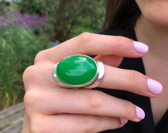 Green Agate Ring, Agate Ring, Natural Green Agate, Taurus Birthstone, Large Oval Ring, Green Vintage Ring, Green Ring, Solid Silver Ring