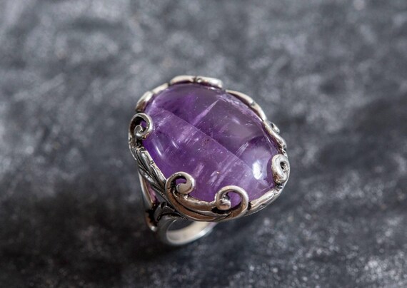 Amethyst Ring, Natural Amethyst, Purple Ring, Leaf Ring, February Ring, Statement Ring, February Birthstone, Solid Silver Ring, Amethyst
