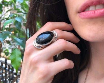 Onyx Ring, Natural Onyx, December Birthstone, Silver Oval Ring, Black Onyx Ring, Black Vintage Ring, Large Black Ring, Solid Silver Ring