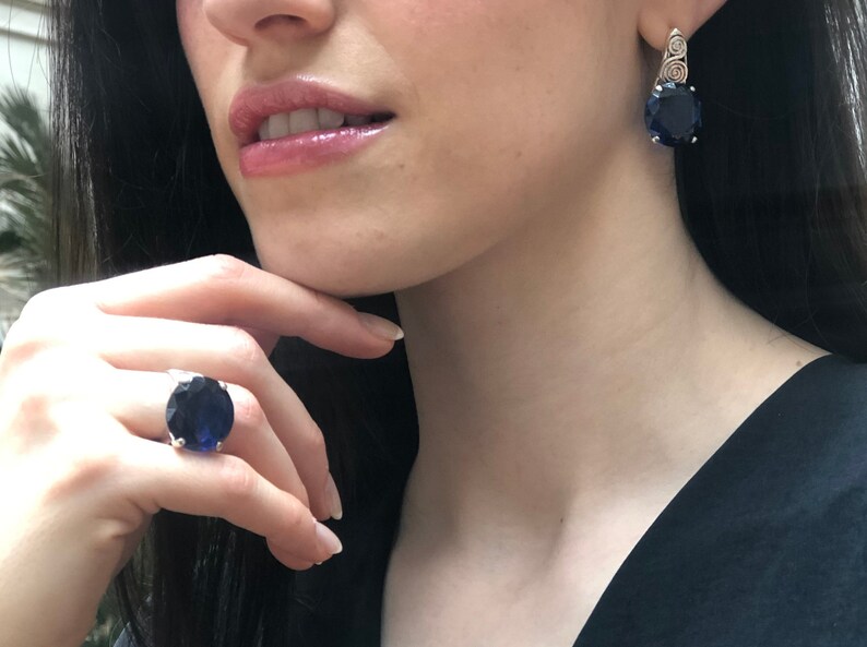Vintage Earrings Solid Silver Earrings Statement Earrings Sapphire Earrings Created Sapphire Round Blue Earrings Blue Diamond Earrings