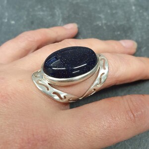 Blue Sandstone Ring, Natural Sandstone, Night Sky Ring, Artistic Ring, Large Sandstone Ring, Black Ring, Sparkly Ring, Solid Silver Ring image 2