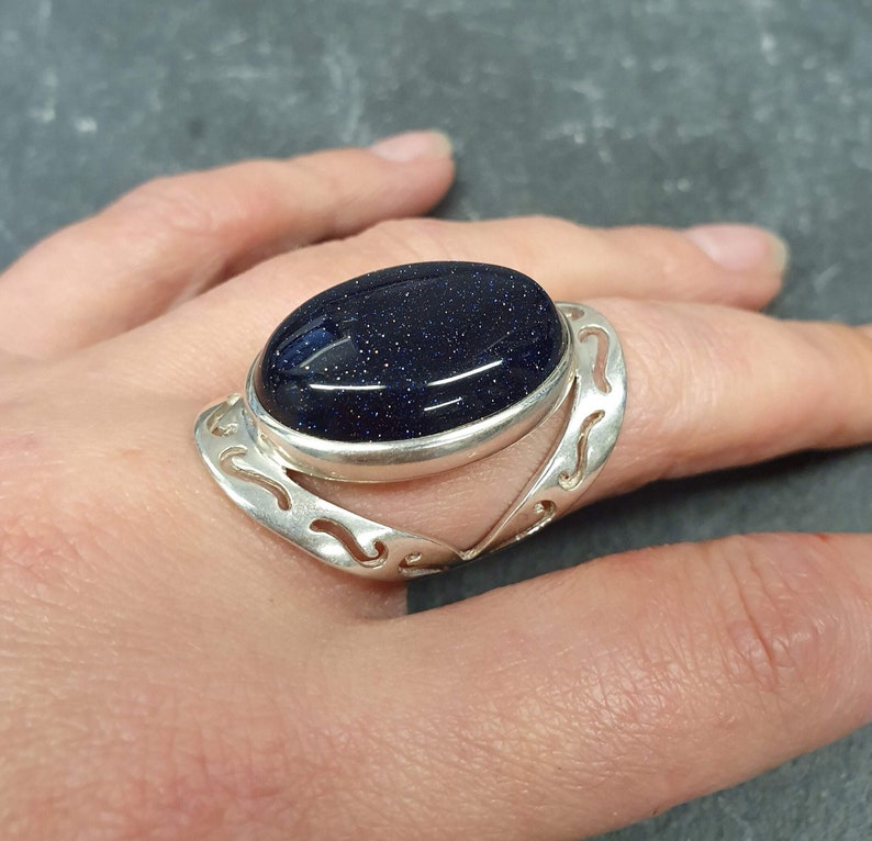 Blue Sandstone Ring, Natural Sandstone, Night Sky Ring, Artistic Ring, Large Sandstone Ring, Black Ring, Sparkly Ring, Solid Silver Ring image 2