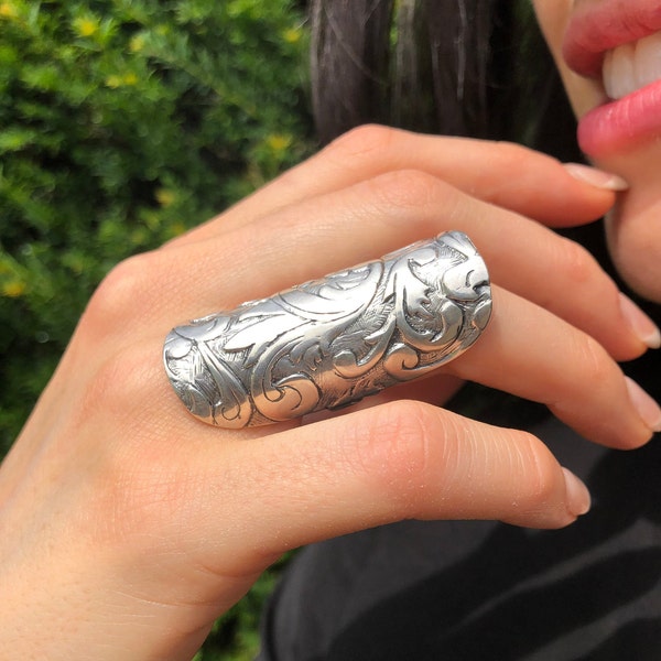 Long Silver Ring, Shield Ring, Armor Ring, Solid Silver Ring, Statement Ring, Vintage Ring, Boho Ring, Ornament Ring, Sterling Silver Ring