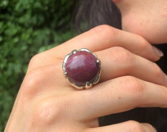 Ruby Ring, Natural Ruby, July Birthstone, Large Red Ring, Statement Ring, Chunky Ring, Vintage Ring, Round Ring, Solid Silver Ring, Ruby