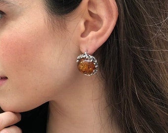 Large Amber Earrings, Natural Amber, Genuine Amber, Taurus Birthstone, Big Amber Earrings, Vintage Earrings, Big Silver Earrings, Amber