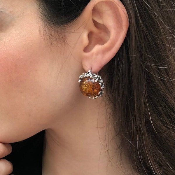 Large Amber Earrings, Natural Amber, Genuine Amber, Taurus Birthstone, Big Amber Earrings, Vintage Earrings, Big Silver Earrings, Amber