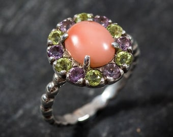 Coral Flower Ring, Natural Coral Ring, March Birthstone, Angel Skin Coral Ring, Vintage Ring, Peridot Ring, Amethyst Ring, Rare by Adina