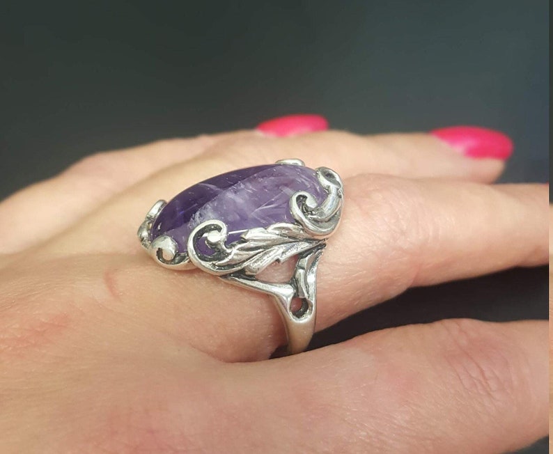 Amethyst Ring, Natural Amethyst, Purple Ring, Leaf Ring, February Ring, Statement Ring, February Birthstone, Solid Silver Ring, Amethyst image 8