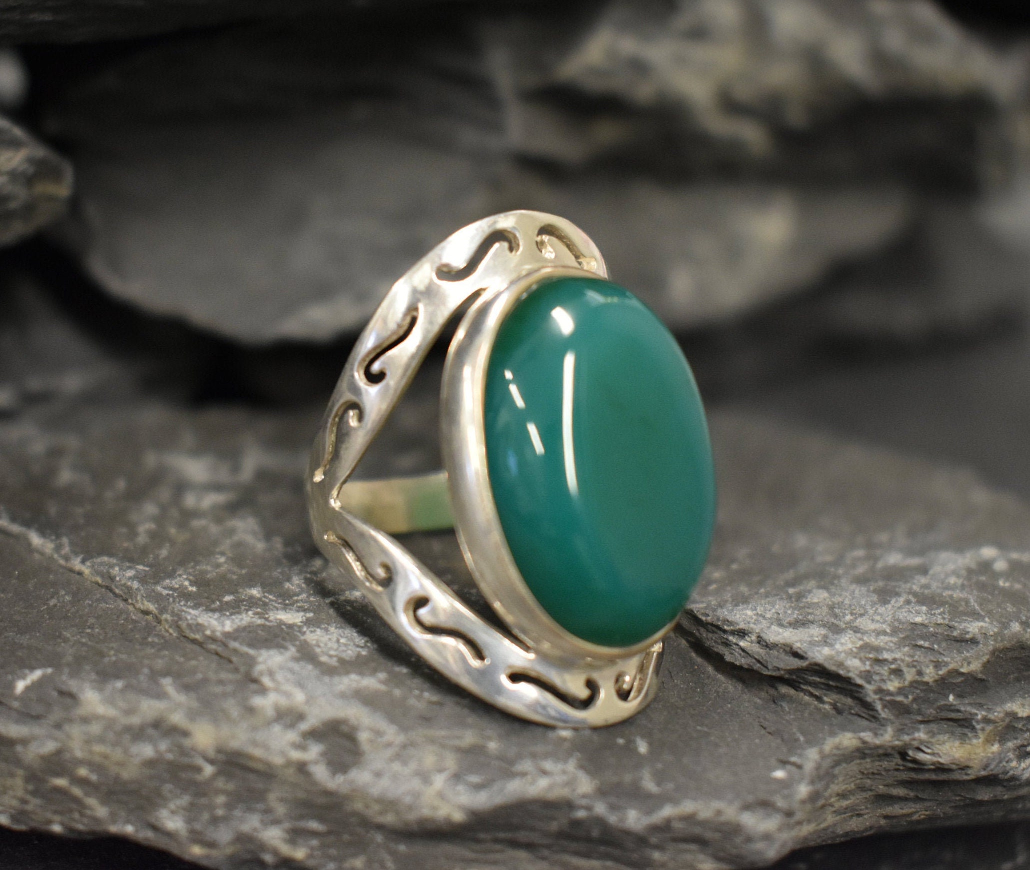 Green Agate Ring Large Green Ring Natural Green Agate Green Etsy