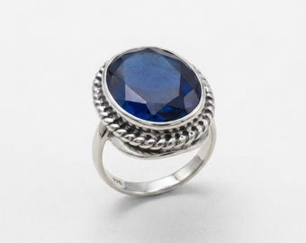 Statement Sapphire Ring, 18 Carat Blue Cocktail Ring, Antique Inspired Solid Silver Jewelry