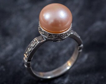 Beige Pearl Ring, Natural Pearl Ring, June Birthstone Ring, Round Pearl Ring, Silver Pearl Ring, Vintage Pearl Ring, Rare by Adina
