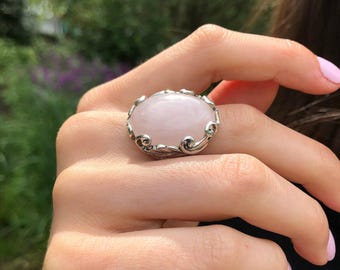 Rose Quartz Ring, Natural Rose Quartz, January Birthstone, Unique Ring, Pink Vintage Ring, Big Pink Ring, Pink Quartz Ring, 925 Silver Ring