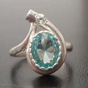 Aquamarine Ring, Created Aquamarine, Blue Oval Ring, Blue Diamond Ring, Teardrop Vintage Ring, Vintage Cocktail Ring, For Her, Rare By Adina