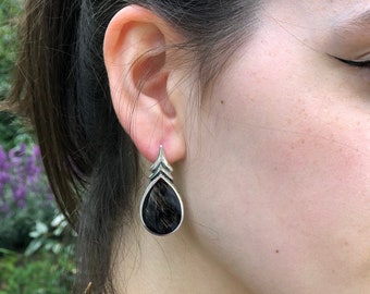 Obsidian Earrings, Natural Obsidian, Teardrop Earrings, Black Teardrop Earrings, Volcanic Stone, Black Obsidian Earrings, Silver Earrings