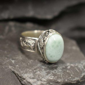Blue Antique Ring, Natural Larimar Ring, Statement Ring, Large Ring, Sky Blue Ring, Vintage Ring, Tall Ring, Viking Ring, Solid Silver Ring