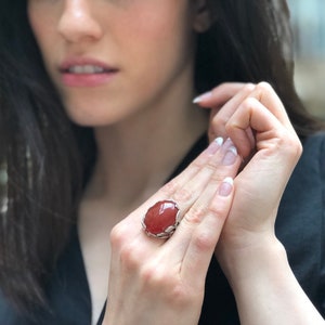 Red Agate Ring, Agate Ring, Natural Agate, August Birthstone, Silver Leaf Ring, Red Statement Ring, Red Carnelian Ring, Solid Silver Ring image 2