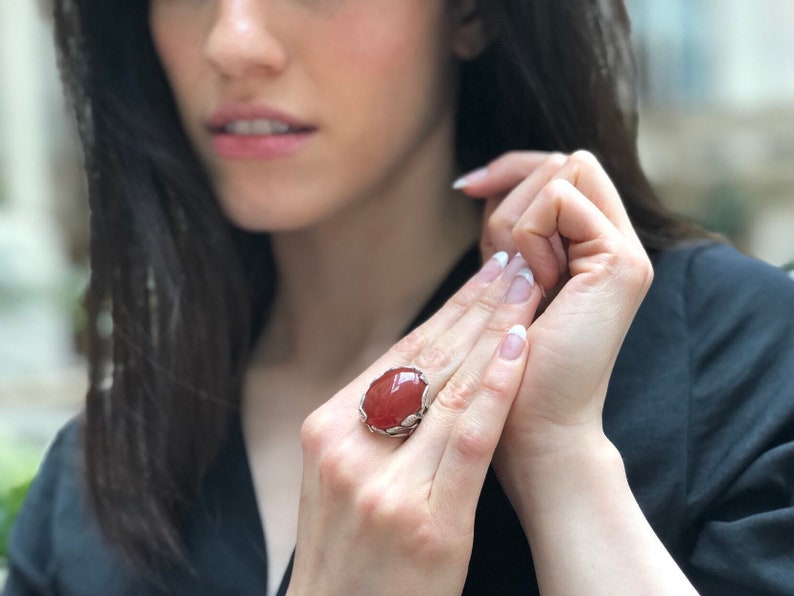 Red Agate Ring, Agate Ring, Natural Agate, August Birthstone, Silver Leaf Ring, Red Statement Ring, Red Carnelian Ring, Solid Silver Ring image 2