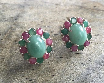 Emerald Earrings, Natural Emerald, Natural Ruby, Victorian Earrings, Vintage Earrings, May Birthstone, July Birthstone, Solid Silver Studs
