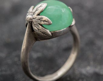 Chrysoprase Ring, Real Chrysoprase Ring, Artistic Leaf Ring, Green Round Ring, Statement Flower Ring, Solitaire Ring, For Her, Rare by Adina